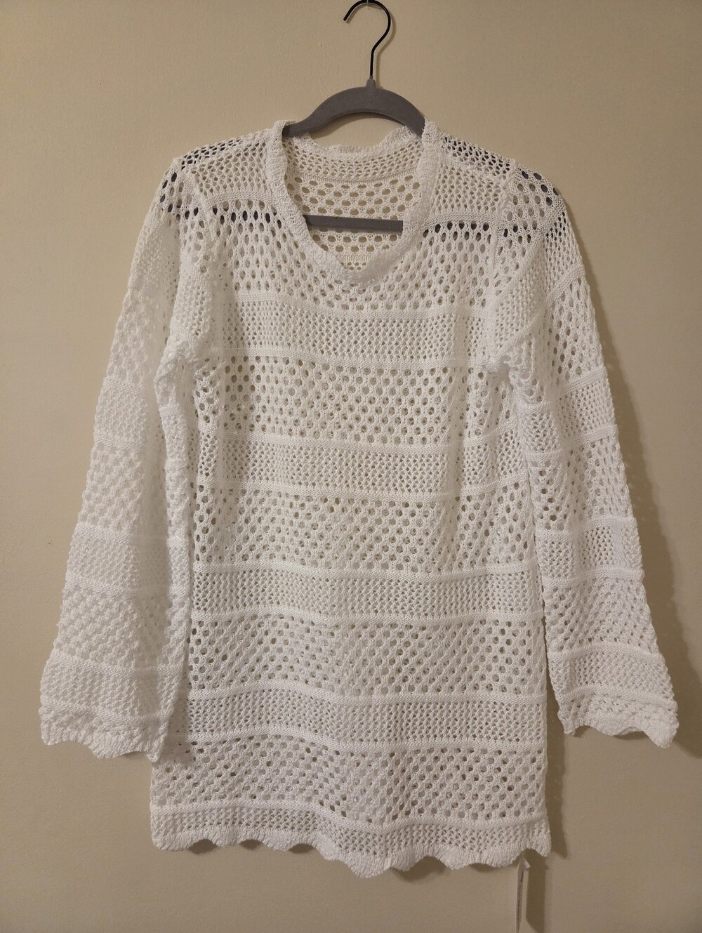 Women's White Crochet Swim Coverup Pullover